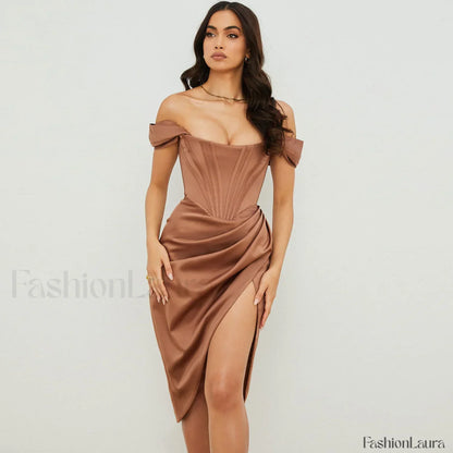 Off Shoulder Draped Corset Cocktail Midi Dress - Chocolate