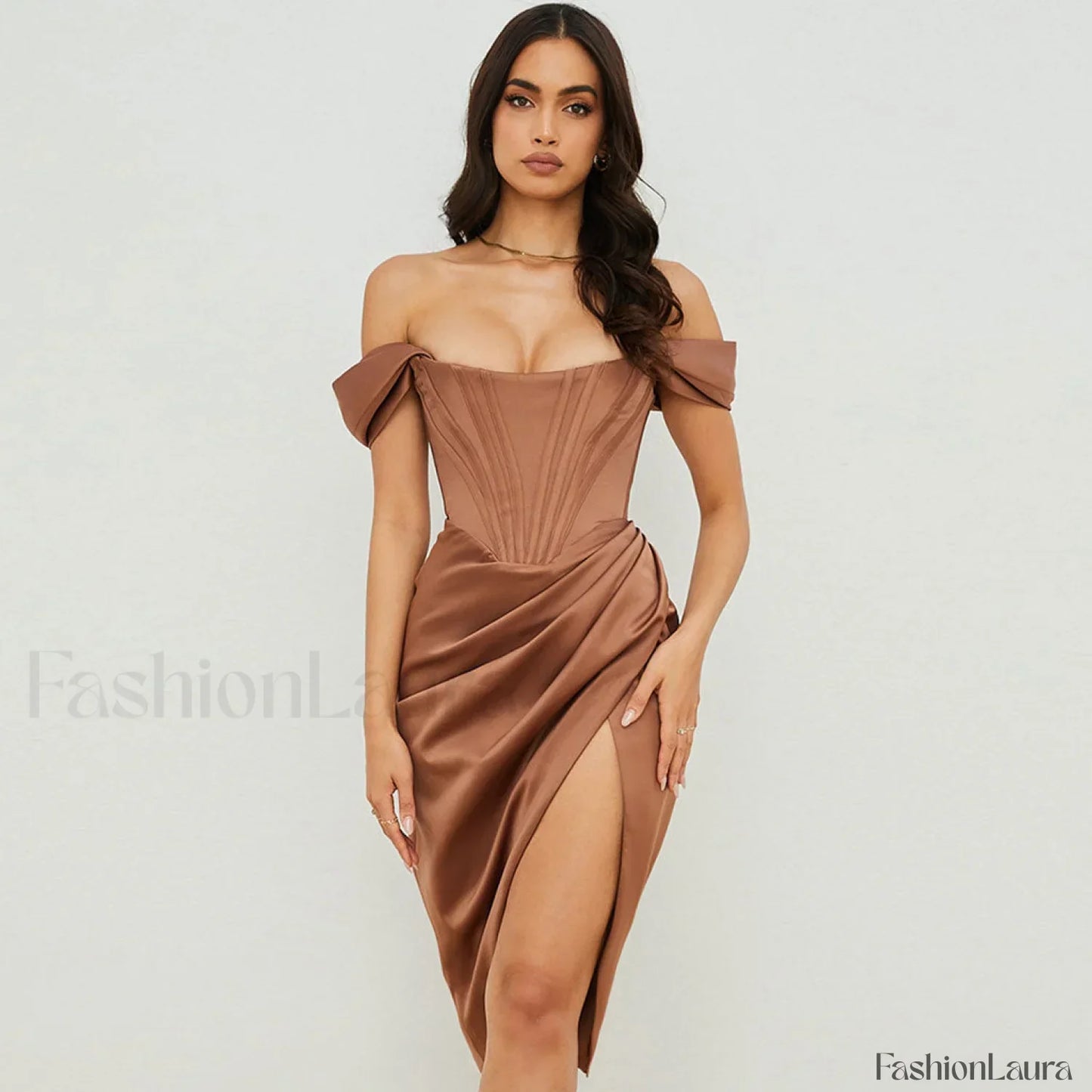 Off Shoulder Draped Corset Cocktail Midi Dress - Chocolate