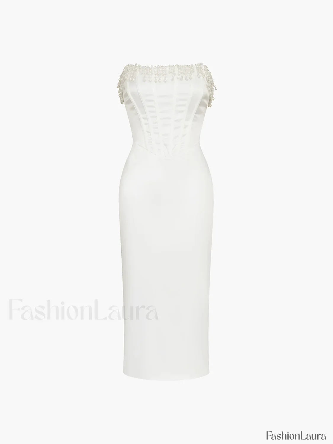 Pearl Decor Graceful Strapless Midi Dress