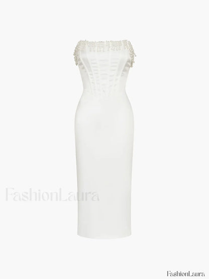 Pearl Decor Graceful Strapless Midi Dress