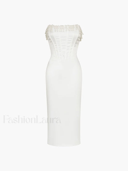 Pearl Decor Graceful Strapless Midi Dress