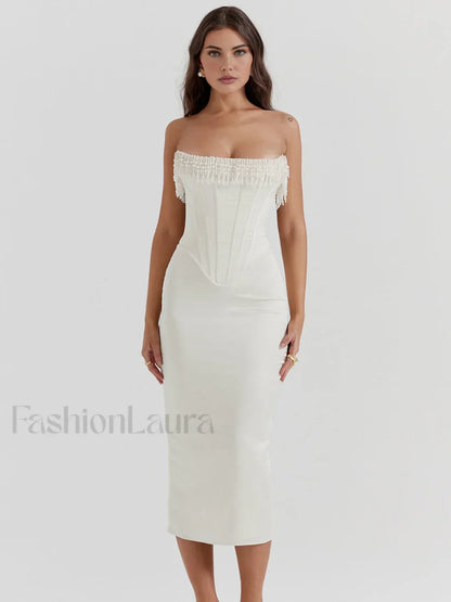 Pearl Decor Graceful Strapless Midi Dress