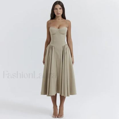 Pleated Spaghetti-Strap Midi Dress