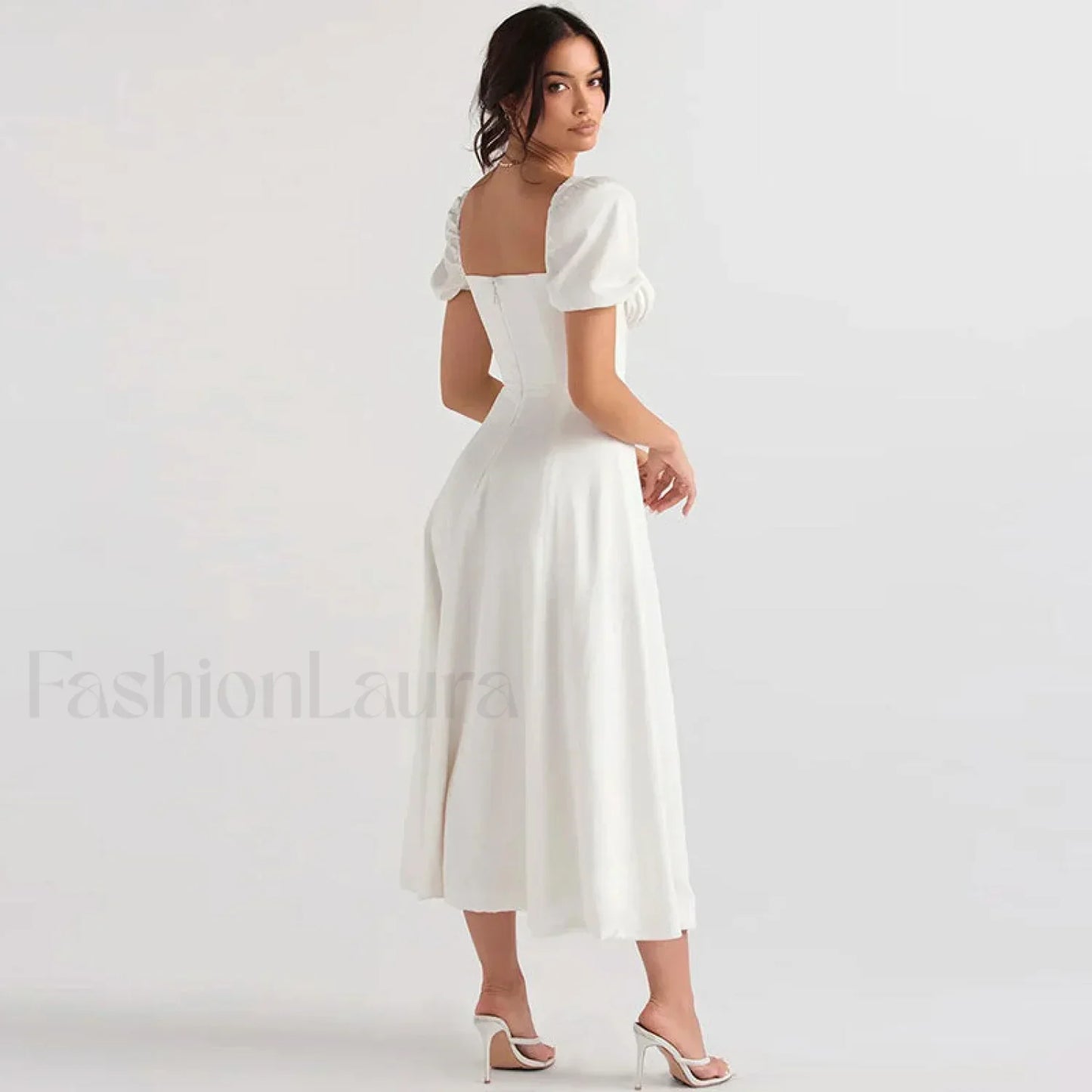 Puff Sleeve Tie Front High Split Off Shoulder Midi Sundress - White