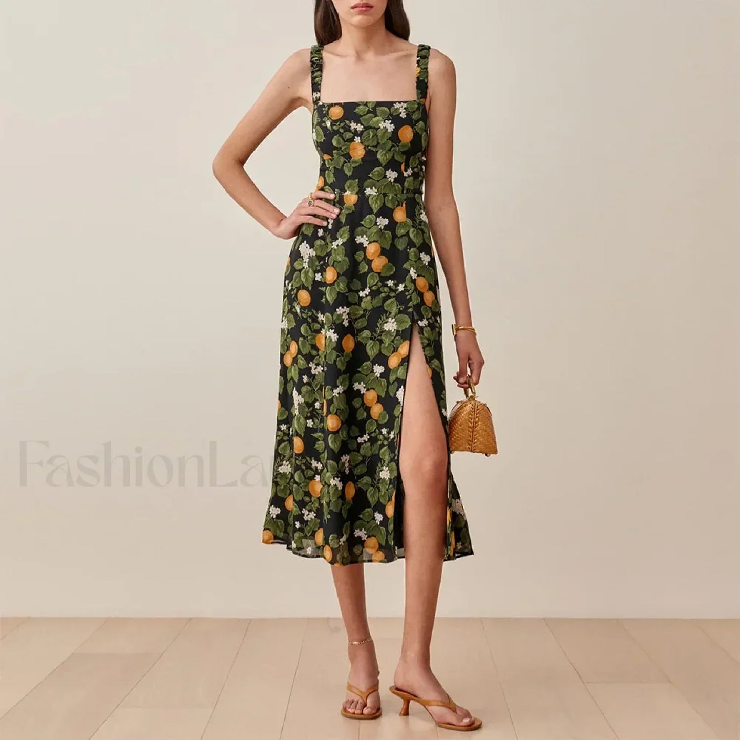 Ruched High-Slit Floral Midi Dress