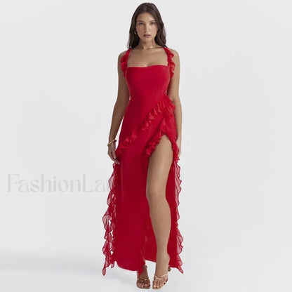 Ruffled Thigh-Split Midi Dress