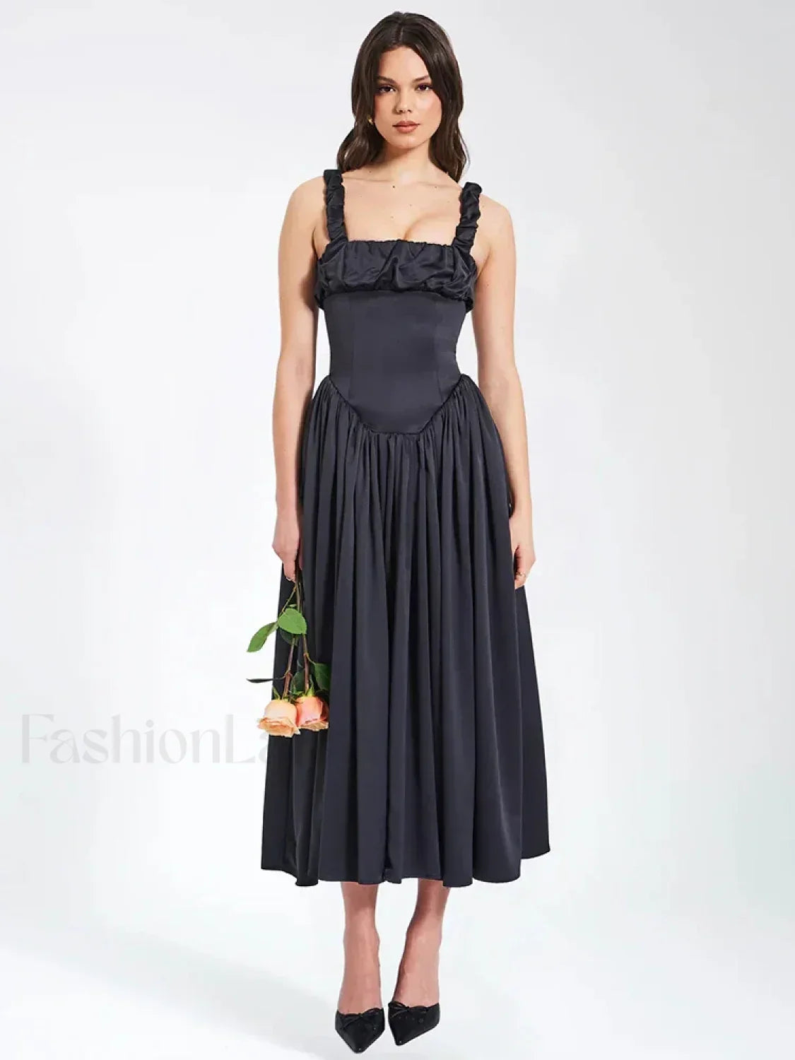 Satin Square-Collar Midi Dress