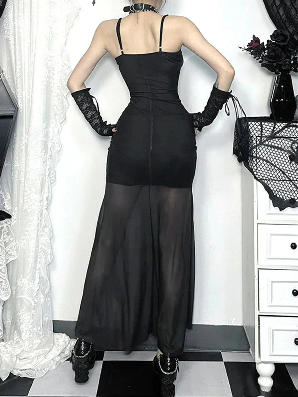 Skeleton Rose Pocket Neck Maxi Dress