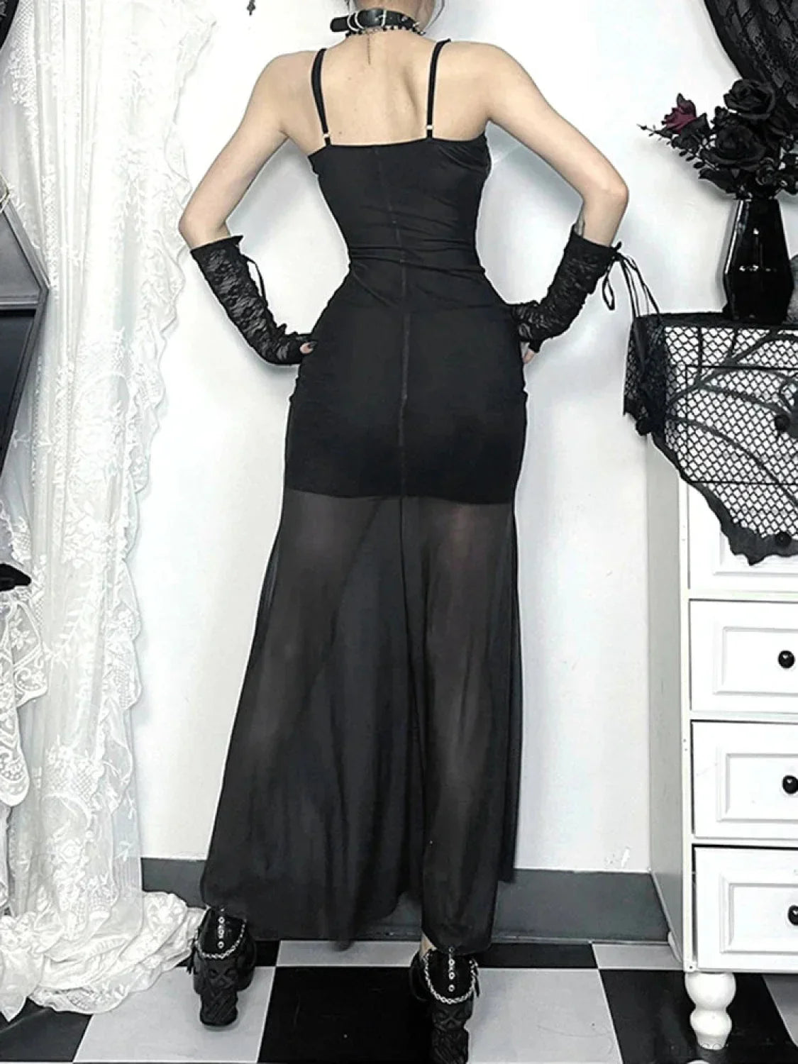 Skeleton Rose Pocket Neck Maxi Dress