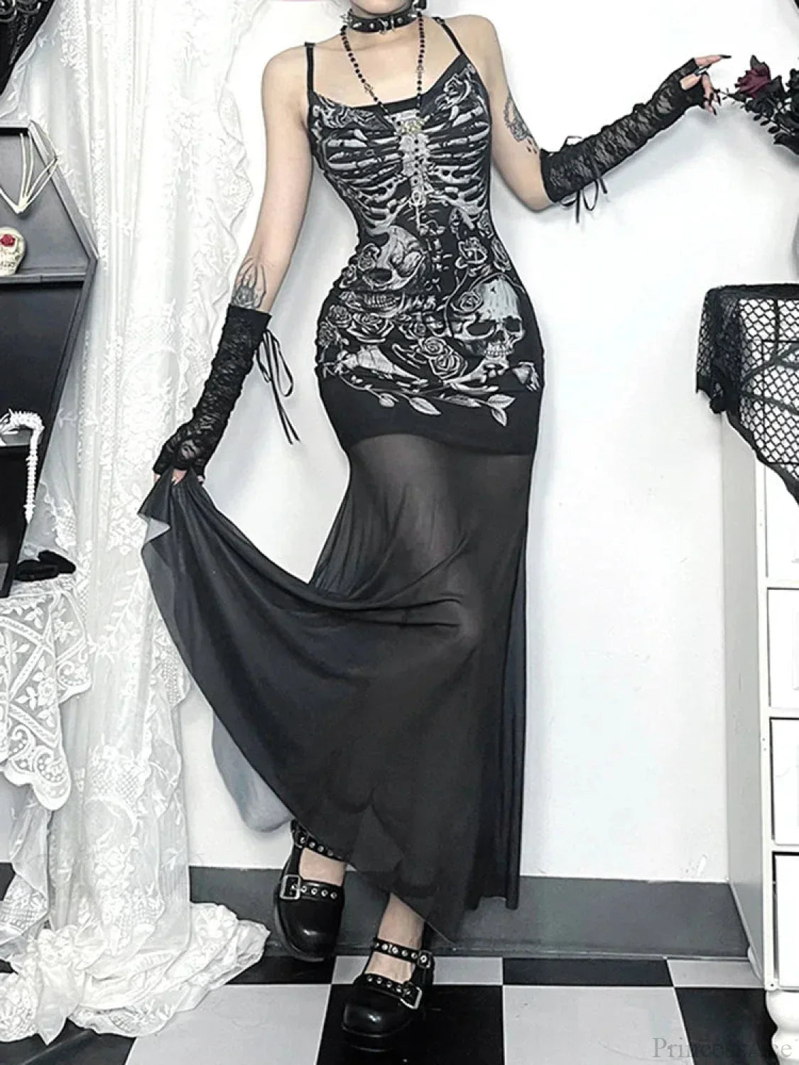 Skeleton Rose Pocket Neck Maxi Dress