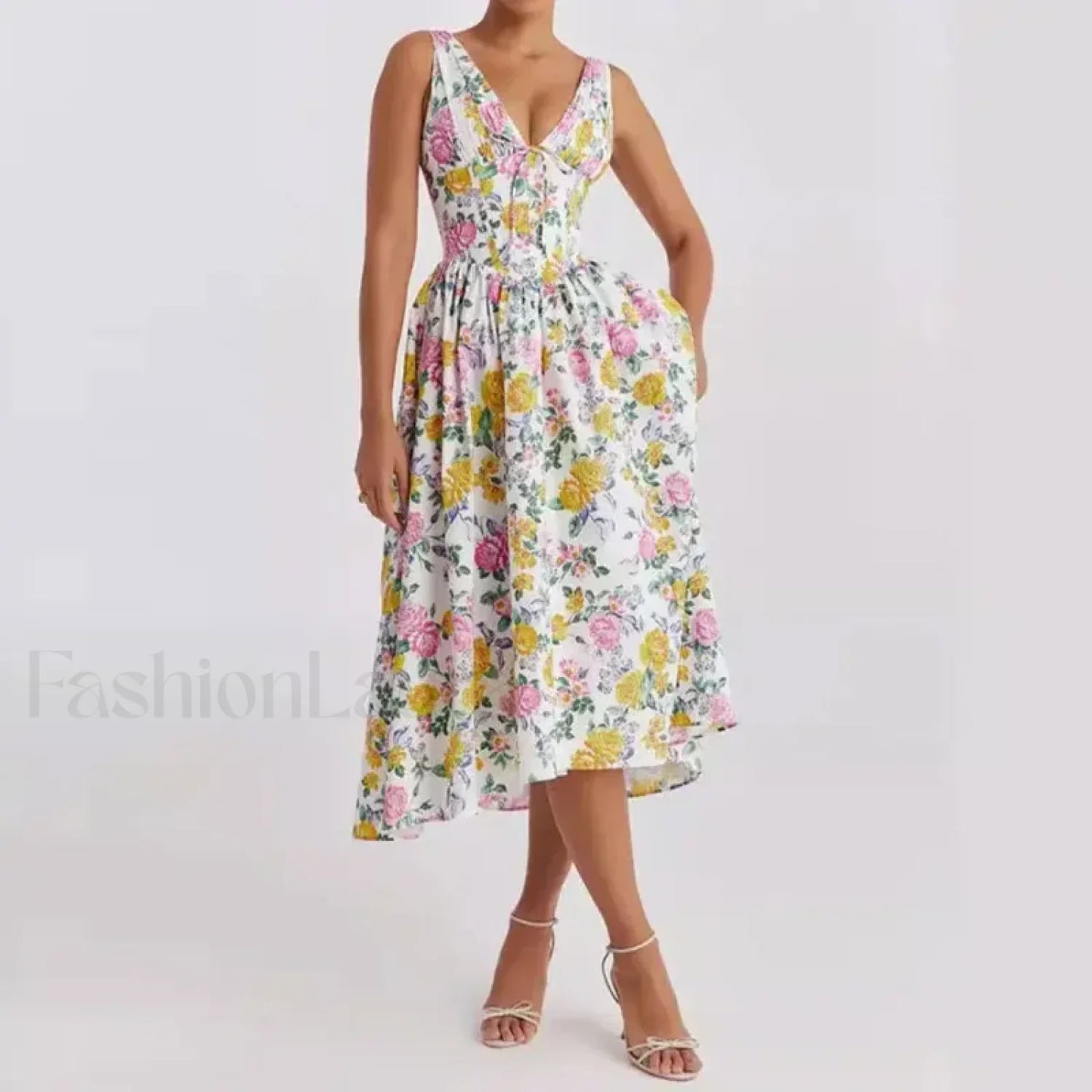 White Floral V-Neck Midi Dress