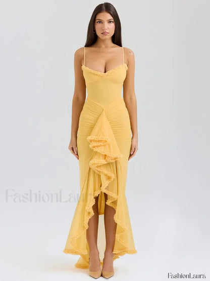 Yellow Ruffled Spaghetti Midi Dress